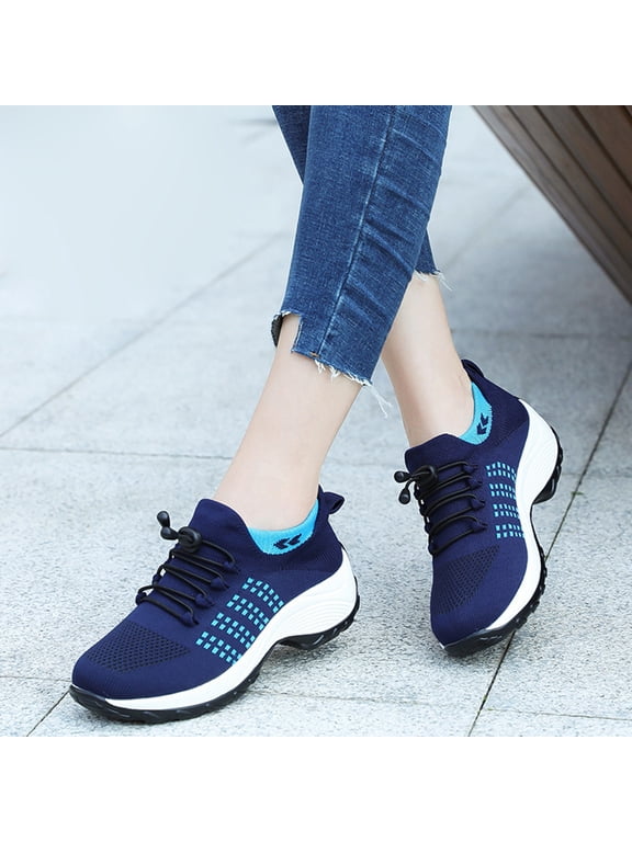 Women's Slip on Sneakers 2025 Orthopedic Air Cushion Wide Toe Box Shoes Wedge Plantar Fasciitis Relief Knit Sneakers Thick Bottom Non-Slip Walking Shoes Blue 7