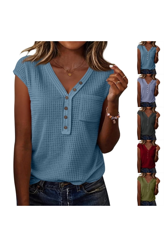Women's Tops Henley Waffle Knit Shirts Summer 2026 Cap Short Sleeve Basic Plus Size Tee V Neck Button Down Casual Loose Blouses with Pockets Red 2XL