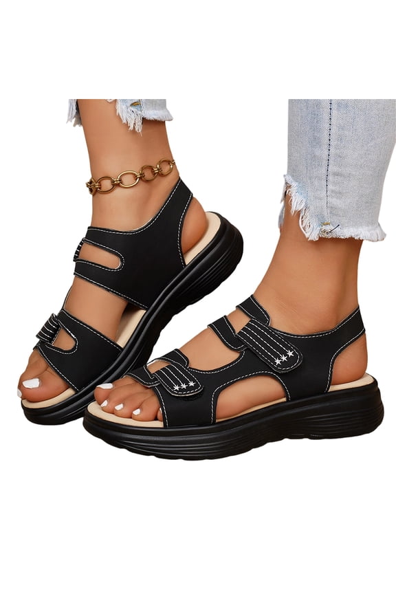 Women's Wedge Sandals Summer Open Toe Wide Width Platform Sandals With Adjustable Ankle Strap,Low Wedges Heels Lightweight Non-Slip Flat Sandal Outdoor Slip On Shoes Black