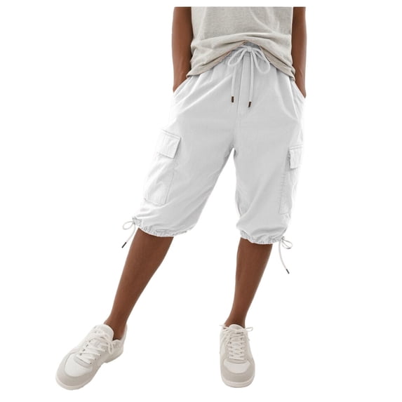 Vamuko Womens Cargo Shorts Drawstring Baggy Bermuda Shorts 2026 Summer Knee Length Casual Capris Plus Size Wide Leg Short with Pockets White L