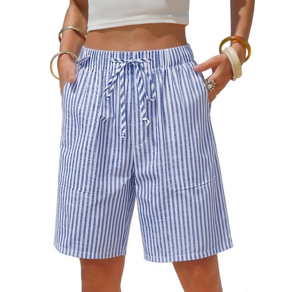 Vamuko Womens Striped Bermuda Shorts Casual Cotton Linen Shorts Elastic Drawstring Summer Beach Vacation Shorts Pockets Blue L