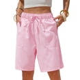 thumbnail image 1 of Vamuko Womens Striped Bermuda Shorts Casual Cotton Linen Shorts Elastic Drawstring Summer Beach Vacation Shorts Pockets Pink M, 1 of 7