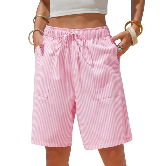 Vamuko Womens Striped Bermuda Shorts Casual Cotton Linen Shorts Elastic Drawstring Summer Beach Vacation Shorts Pockets Pink M