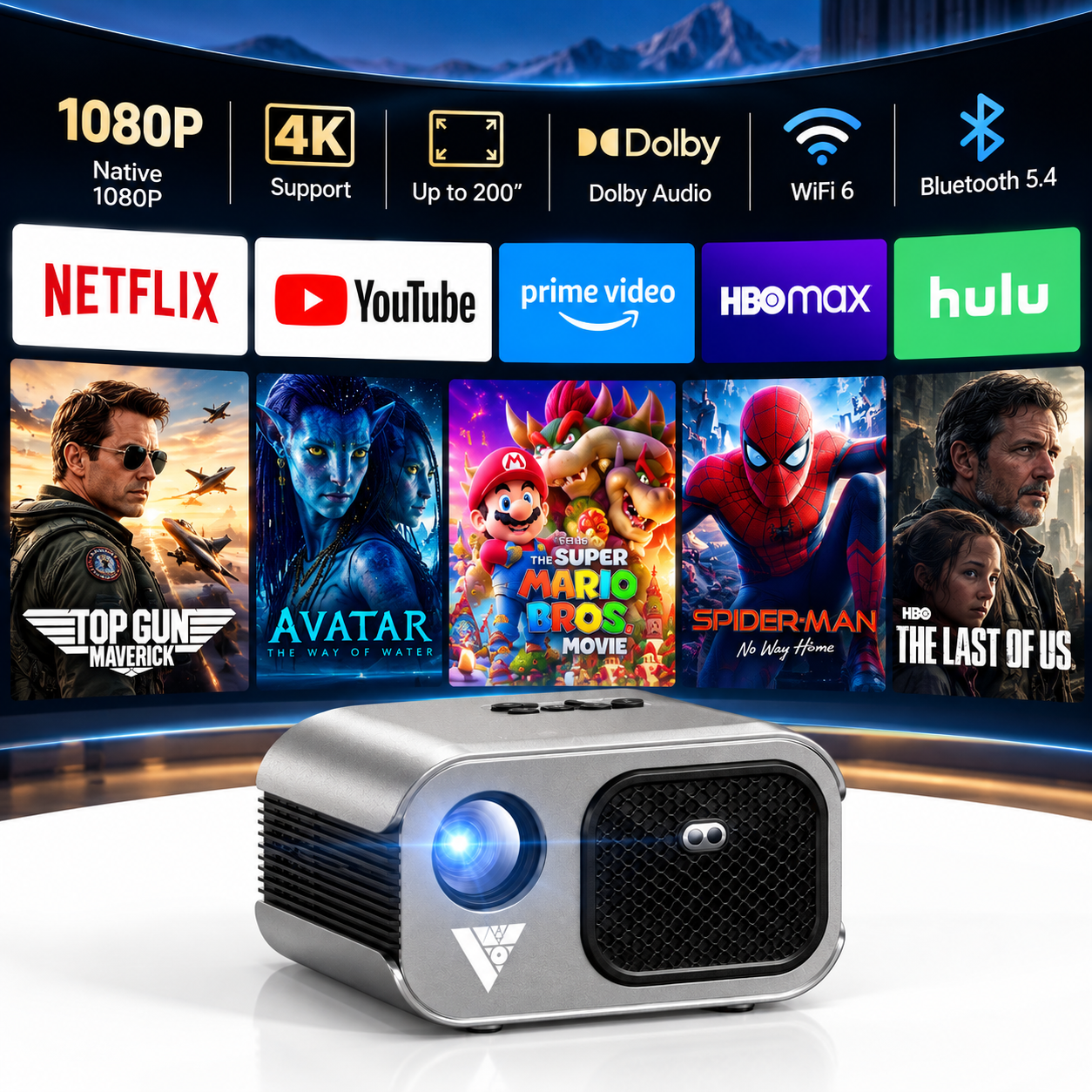 Vamvo VF340 Mini Projector with WiFi and Bluetooth, Native 1080P Portable Movie Projector, 4K Supported, HDMI and USB for Phone, Laptop, TV Stick and PS5