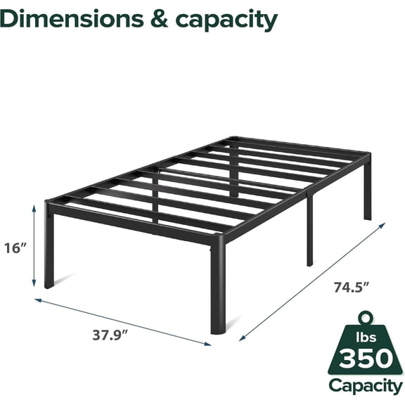 Van 16 Inch Twin Metal Platform Bed, Steel Slat Support, No Box Spring Needed, Friendly WonderBox Packaging, Easy Assembly, Black