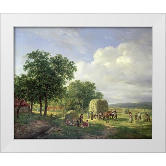 Van De Sande Bakhuyzen, Hendrik 18x15 White Modern Wood Framed Museum Art Print Titled - A Wooded Landscape With Haymakers