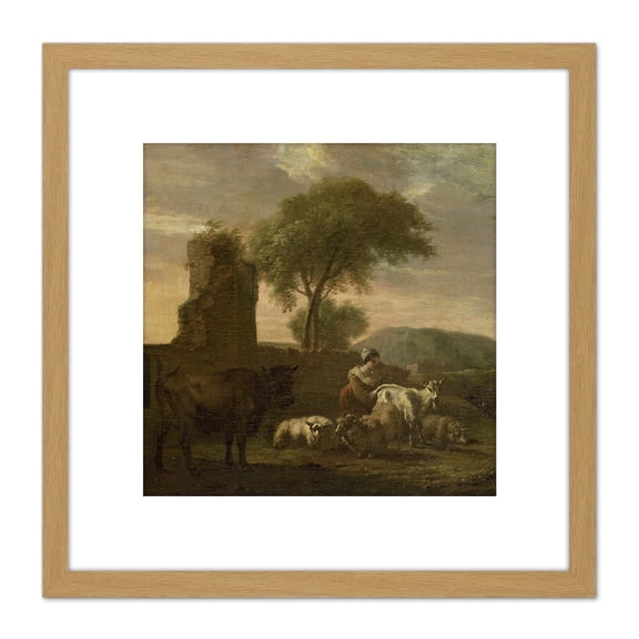 Van Der Does Italian Landscape Shepherdess Flocks 8X8 Inch Square Wooden Framed Wall Art Print Picture with Mount
