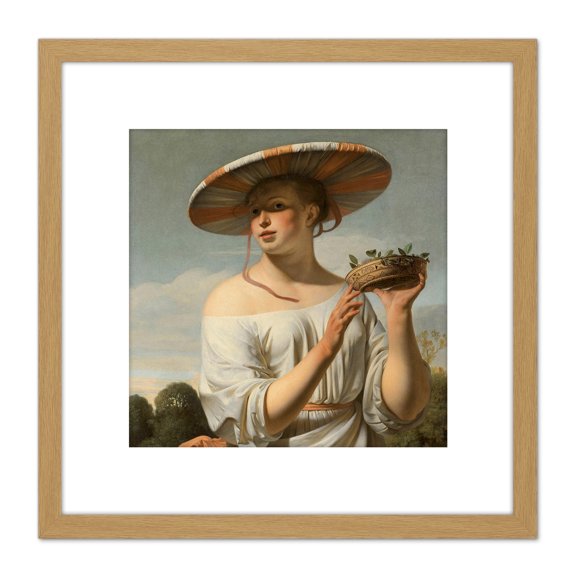 Van Everdingen Girl In A Large Hat Painting 8X8 Inch Square Wooden Framed Wall Art Print Picture with Mount