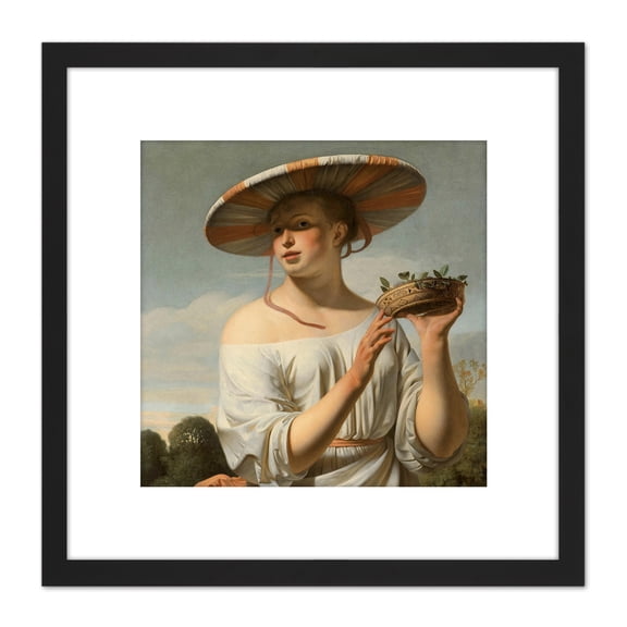 Van Everdingen Girl In A Large Hat Painting 8X8 Inch Square Wooden Framed Wall Art Print Picture with Mount