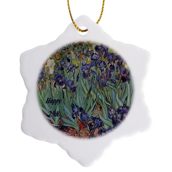 3drose, Van Goch Irises Vectorized with Happy 25th Anniversary Greeting, 3 inch Snowflake Porcelain Ornament