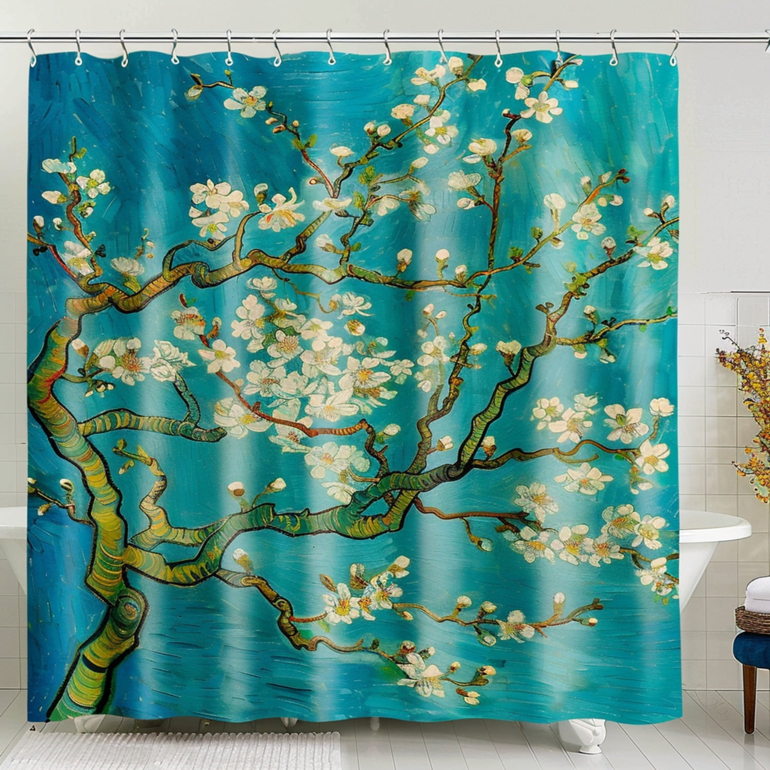 Van Gogh Almond Blossom Shower Curtain Teal Blue Background White Tree ...
