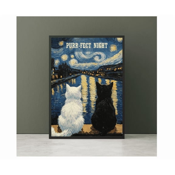 Van Gogh Cat Art Print Starry Night Black and White Cat Poster Purr fect Night Wall Art Cat Lover Gift Unique Pet Portrait.