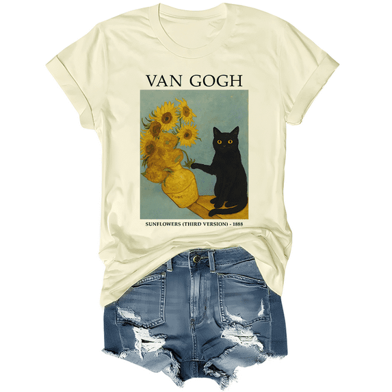 Van Gogh Cat Shirt Van Gogh Black Cat With Sunflowers Funny Cat T-Shirt