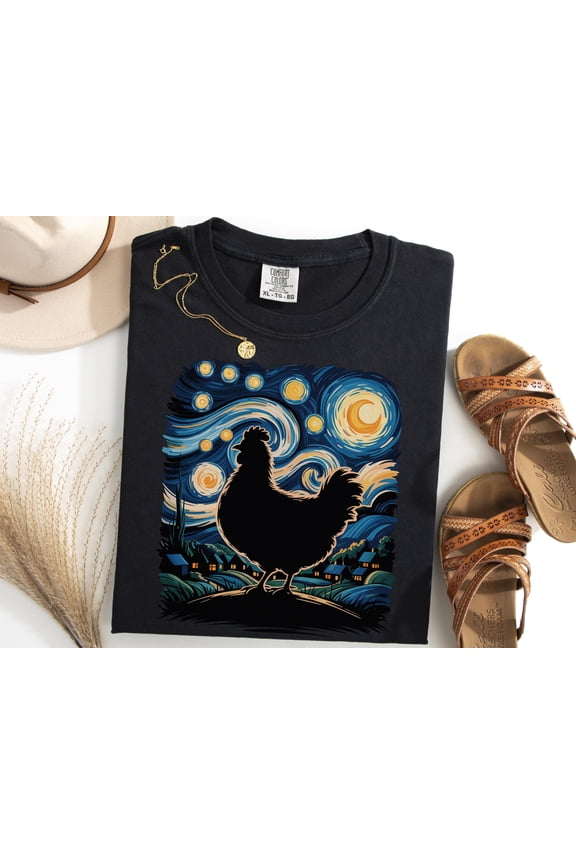 Van Gogh Chicken T-Shirt, Starry Night Farm Animal Tee, Funny Rooster Shirt, Artistic Chicken Lover Gift, Rural Homestead Tshirt