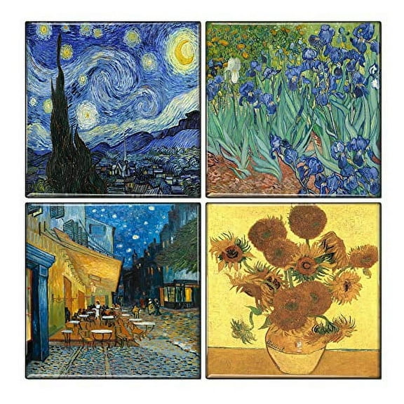 Van Gogh Coaster Set of 4 Starry Night, Cafe Terrace, Irises, and Sunflowers, Ceramic