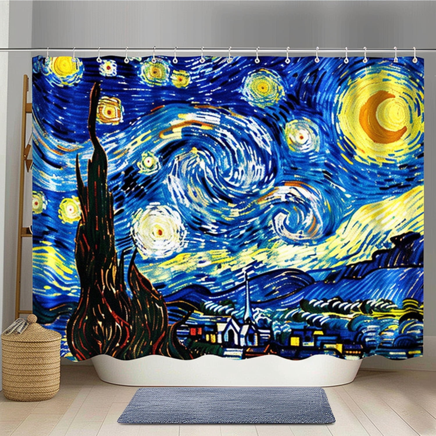 Van Gogh Inspired Starry Night Oil Painting Bathroom Set Dark Blue and Yellow Shower Curtain