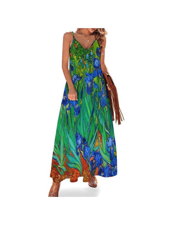 Van Gogh Iris Sleeveless Suspender Dress Summer Fashion Casual Long Dress