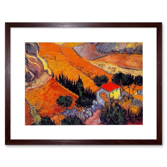 Van Gogh Landscape With House Ploughman 1889 Artwork Framed Wall Art Print 9X7 Inch