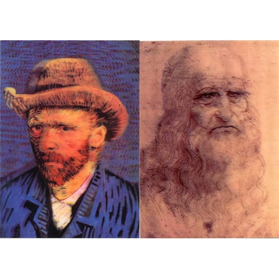 Van Gogh & Leonardo Da Vinci: 2 Lenticular 3D Postcard Greeting Cards - Self Portraits of Van Gogh & Leonardo Da Vinci