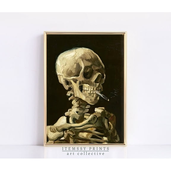 Van Gogh Print, Moody Dark Academia Art, Skull Of Skeleton With Burning Cigarette, Dark Wall Decor, Gothic Wall Decor, Skull Art Print #1716, Unframed Poster Size 8x12
