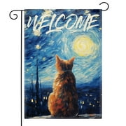 Van Gogh Starry Cat Welcome Garden Flag 12 x 18 inch Double Sided Oil Paint Cat Yard Flags Small Burlap Flag for Outside Decor (Starry Cat)