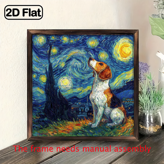 , Van Gogh Starry Night Beagle Wooden Frame Wall Art - Hand-Painted Canvas Print, Vertical Hook Installation, Modern Classic Home Decor for Living Room, Office, Bedroom.