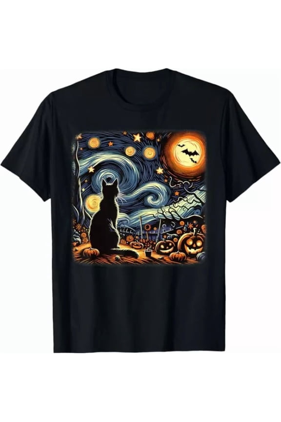 Van Gogh Starry Night Black Cat Pumpkins Bats Unisex S-5XL T-Shirt