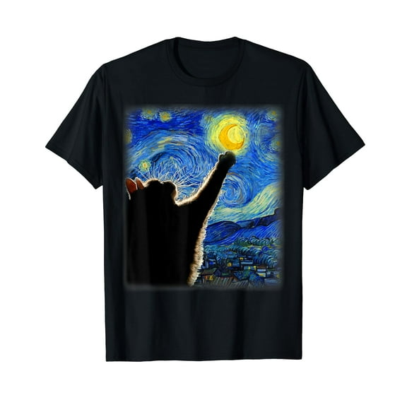 Van Gogh Starry Night Cat T-Shirt - Classic Fit, Cat Lover/Mom/Dad Gift, Black Crew Neck