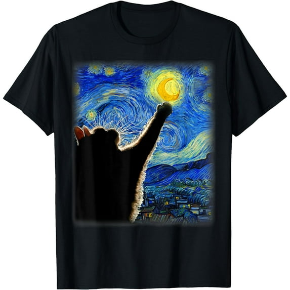 Van Gogh Starry Night Cat Unisex T-Shirt for Men Women Kids Toddler,Black Color,Size 4XL