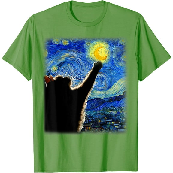 Van Gogh Starry Night Cat Unisex T-Shirt for Men Women Kids Toddler,Lime Color,Size 5/6