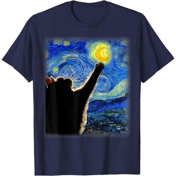 Van Gogh Starry Night Cat Unisex T-Shirt for Men Women Kids Toddler,Navy Color,Size 5/6