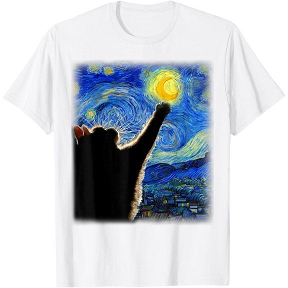 Van Gogh Starry Night Cat Unisex T-Shirt for Men Women Kids Toddler,White Color,Size YXS