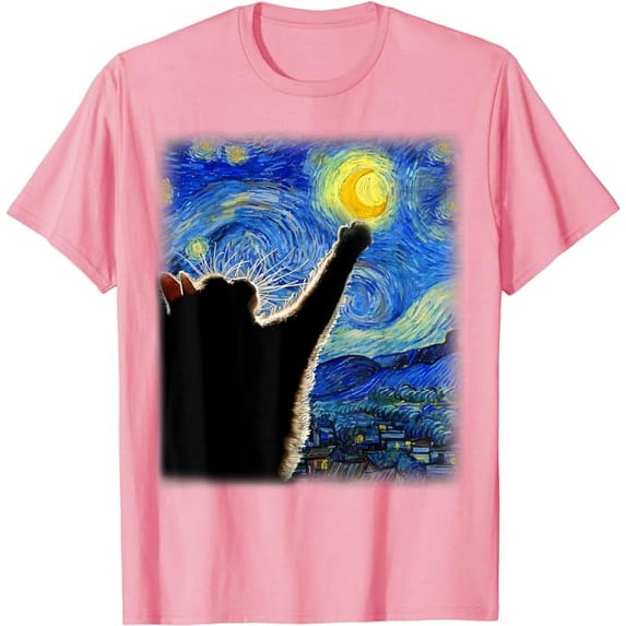 Van Gogh Starry Night Cat Youth T-Shirt. Inspired Art Tee For Boys Girls Kids Toddler, Light Pink Color, Size M