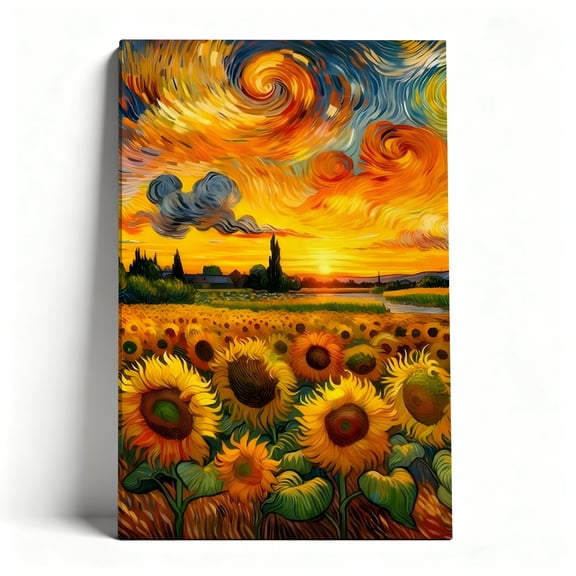 Van Gogh Starry Night Inspired Sunflower Field Canvas Wall Art, Impressionist Sunset Landscape Decor, Vibrant Floral Artwork For Living Room, Bedroom, Office, Ready To Hang 8*12inch(20*30cm)