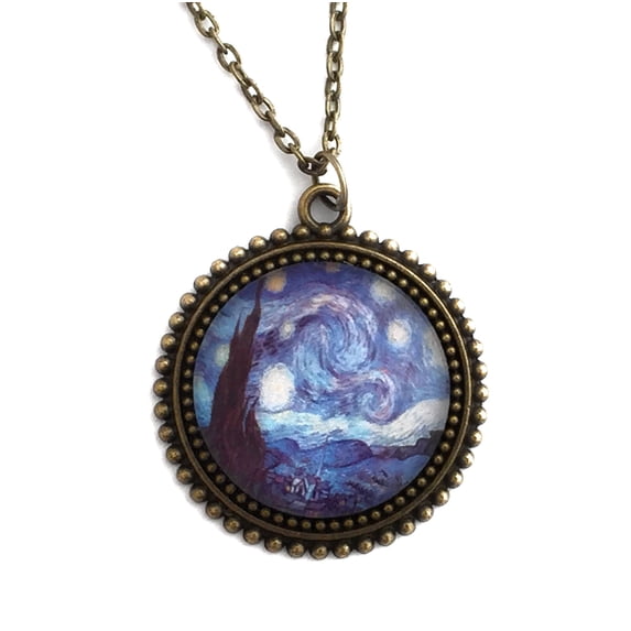 Van Gogh Starry Night Necklace - Classic Art Print Pendant - Brass setting - Gift for Women - Jewelry Under 30