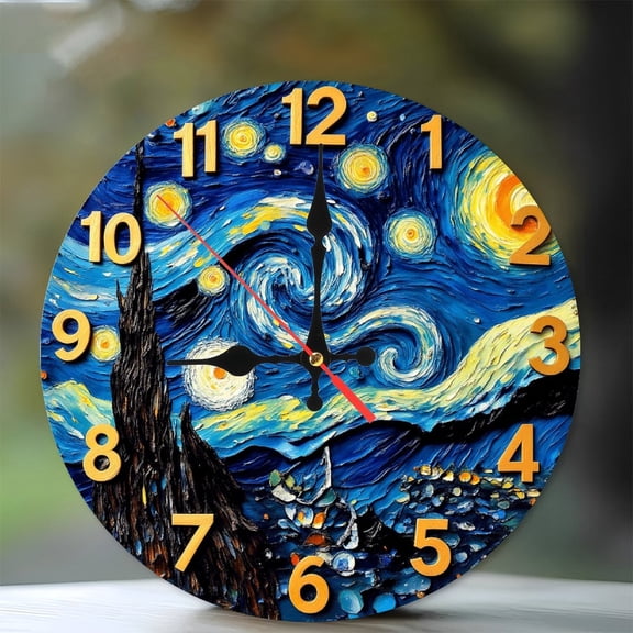 Van Gogh Starry Night Wall Clock Art Decor 10-Inch Silent Wooden Wall Clock, Battery Operated (AA Batteries Not Included), Artistic Home Decor