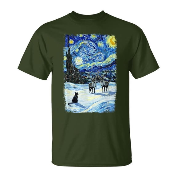 Van Gogh Starry Night Winter Christmas Reindeer Cat TShirt