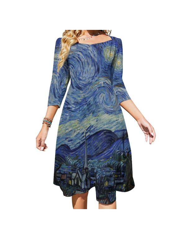 Van Gogh Starry Night Women's Fall Dresses Casual Loose Flowy Swing Shift Dress