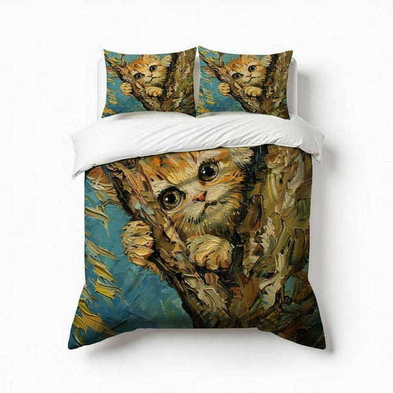 Van Gogh Style Cat In The Tree Bedding Set 3 Pcs Soft Microfiber Quilt Cover For Bedroom Decor, Comforter Cover With 2 Pillowcase