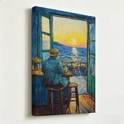 Van Gogh Style Ocean Sunset Bar Canvas Wall Art - Impressionist Seascape Cafe Painting Print - Matte Finish Gallery Wrapped Coastal Beach Decor Ready to Hang 12*16