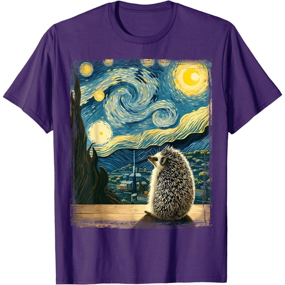 Van Gogh Style Starry Night Hedgehog Unisex T-Shirt for Men Women Kids Toddler,Purple Color,Size YM