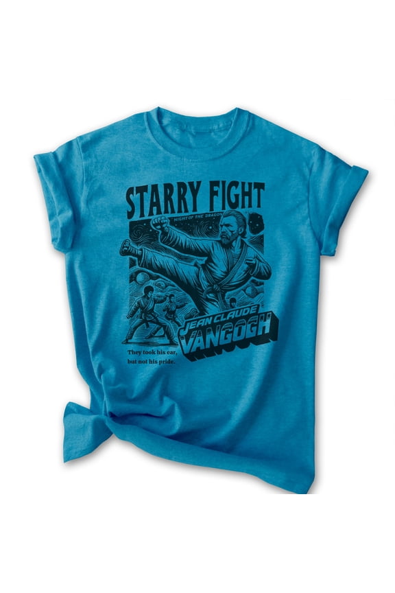 Van Gogh T-shirt, Unisex Women's Men's Vincent Van Gogh Starry Night Inspired Action Movie 80s Parody, Heather Blue, Small