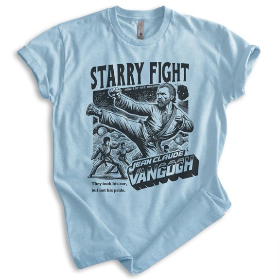 Van Gogh T-shirt, Unisex Women's Men's Vincent Van Gogh Starry Night Inspired Action Movie 80s Parody, Heather Light Blue, X-Large