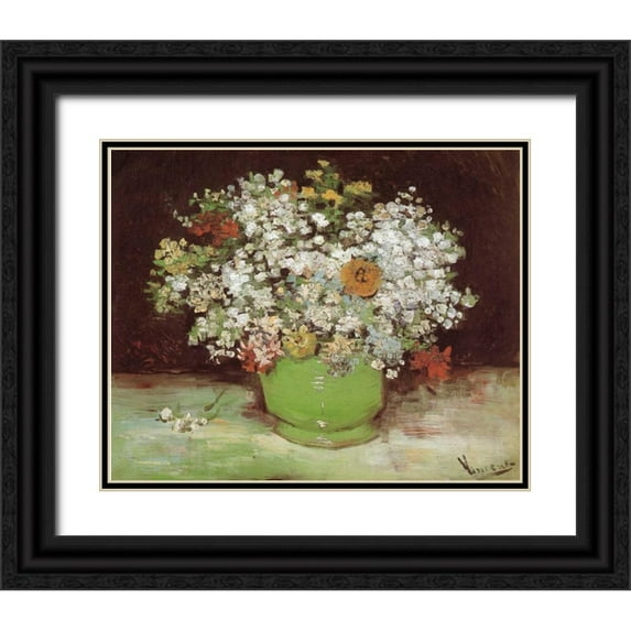 Van Gogh, Vincent 18x15 Black Ornate Wood Framed with Double Matting Museum Art Print Titled - Vase Zinnias And Other Flowers
