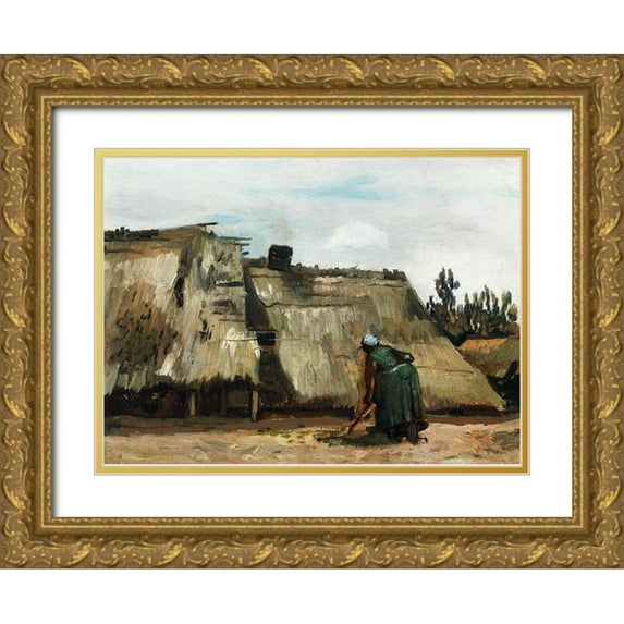Van Gogh, Vincent 24x19 Gold Ornate Wood Framed with Double Matting Museum Art Print Titled - A Peasant Woman Digging in Front of Her Cottage (c.1885)