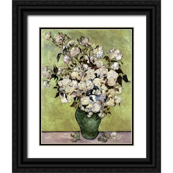 Van Gogh, Vincent 26x32 Black Ornate Wood Framed with Double Matting Museum Art Print Titled - Vase of Roses