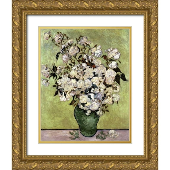 Van Gogh, Vincent 26x32 Gold Ornate Wood Framed with Double Matting Museum Art Print Titled - Vase of Roses