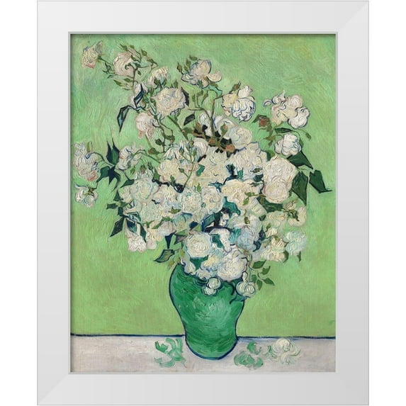 Van Gogh, Vincent 26x32 White Modern Wood Framed Museum Art Print Titled - Roses, 1890 (Green Vase)
