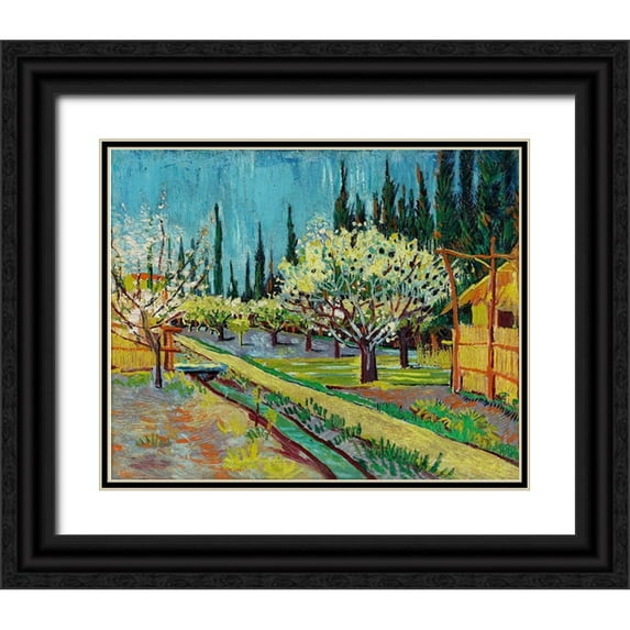 Van Gogh, Vincent 31x26 Black Ornate Wood Framed with Double Matting Museum Art Print Titled - Orchard Bordered by Cypresses (1888)