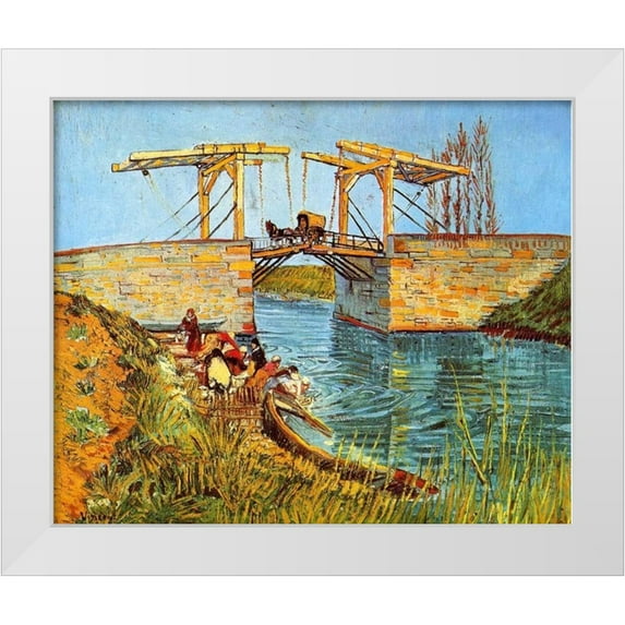 Van Gogh, Vincent 31x26 White Modern Wood Framed Museum Art Print Titled - Langlois Bridge Women Washing